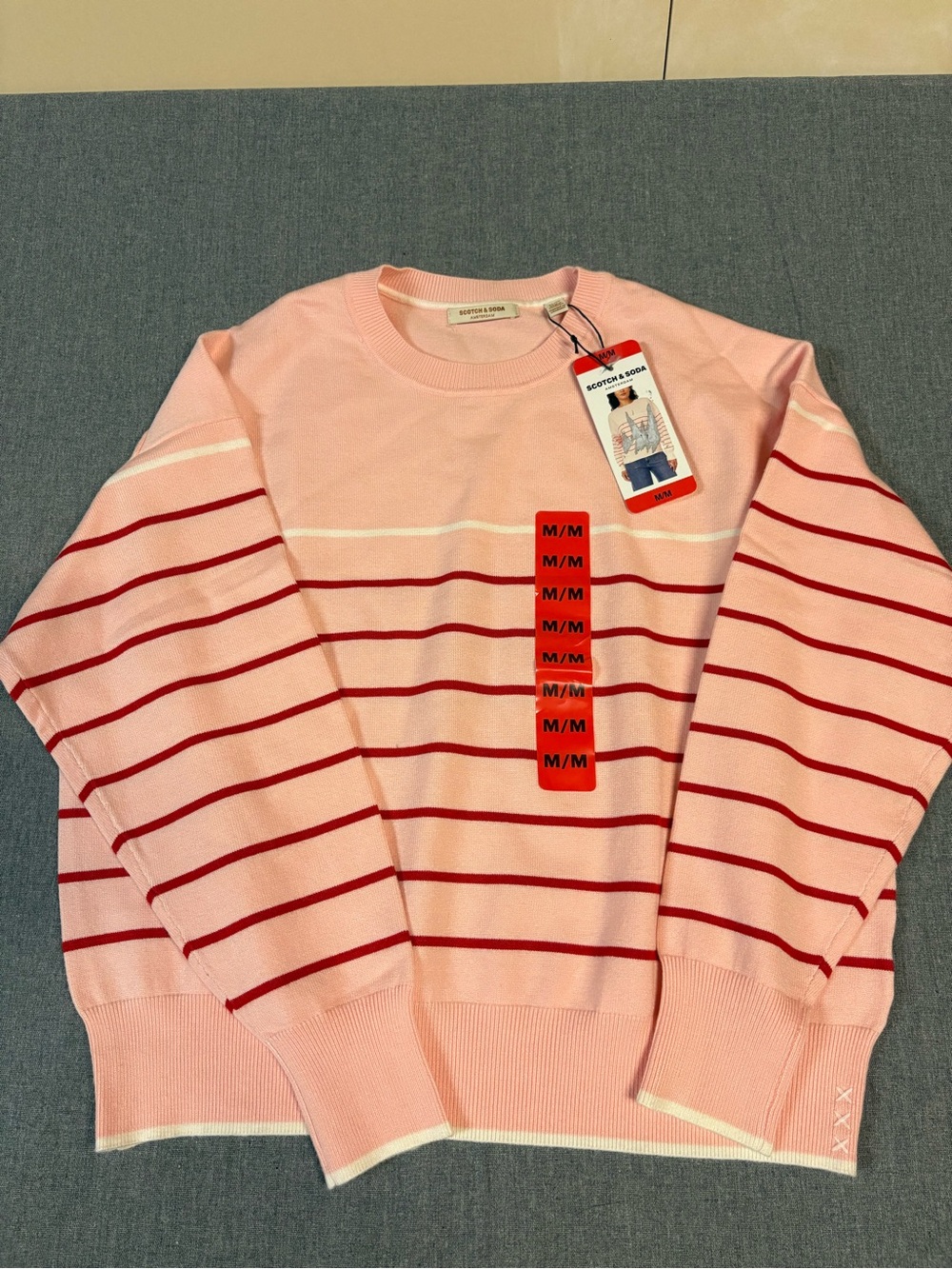 Scotch & Soda Pink Crewneck Sweater with Red Stripes